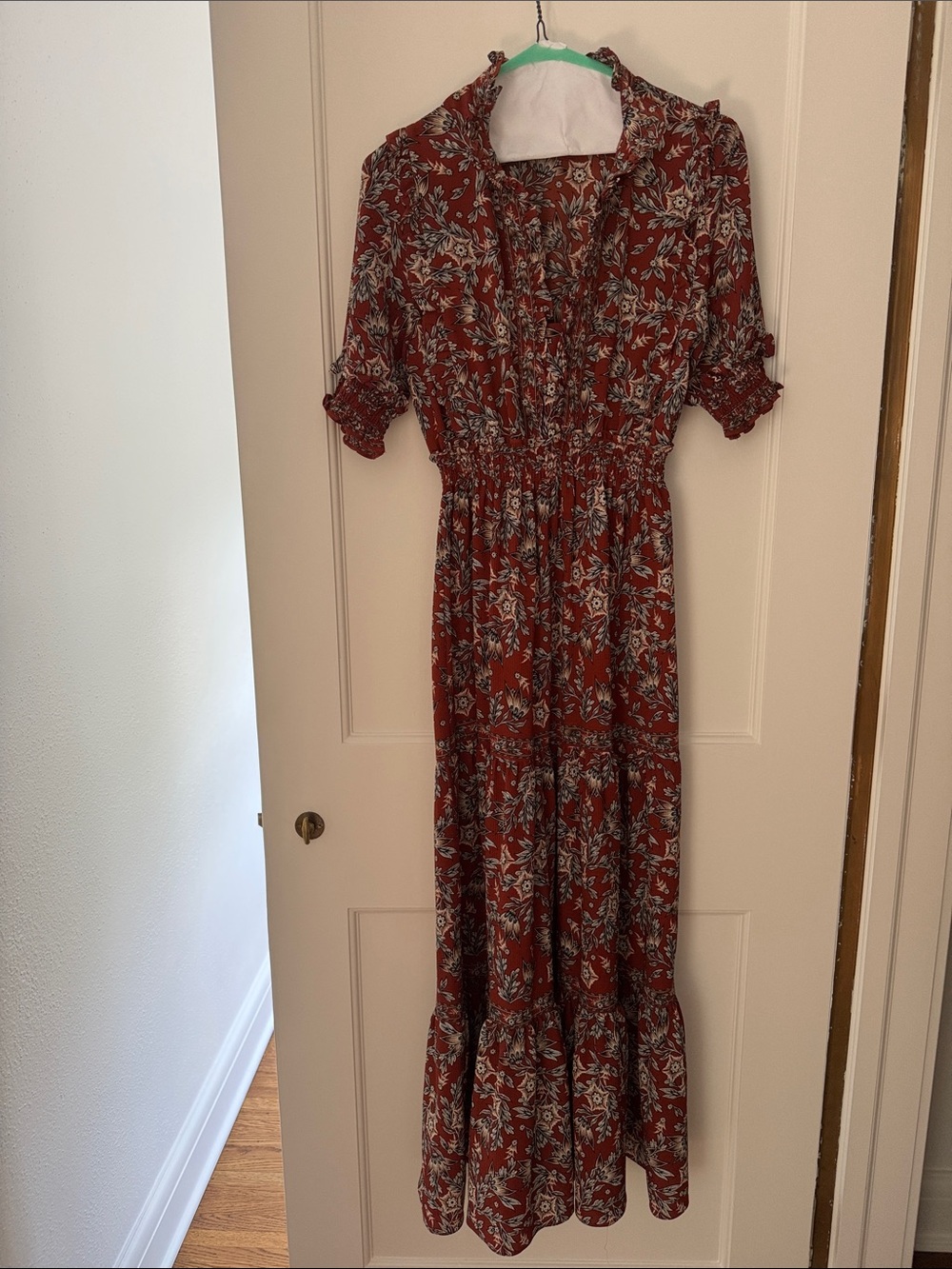 Max Studio Rust Floral Maxi Dress with Ruffle Neckline